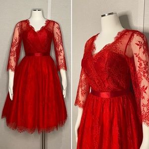 Chi Chi London romantic red lace full skirt dress